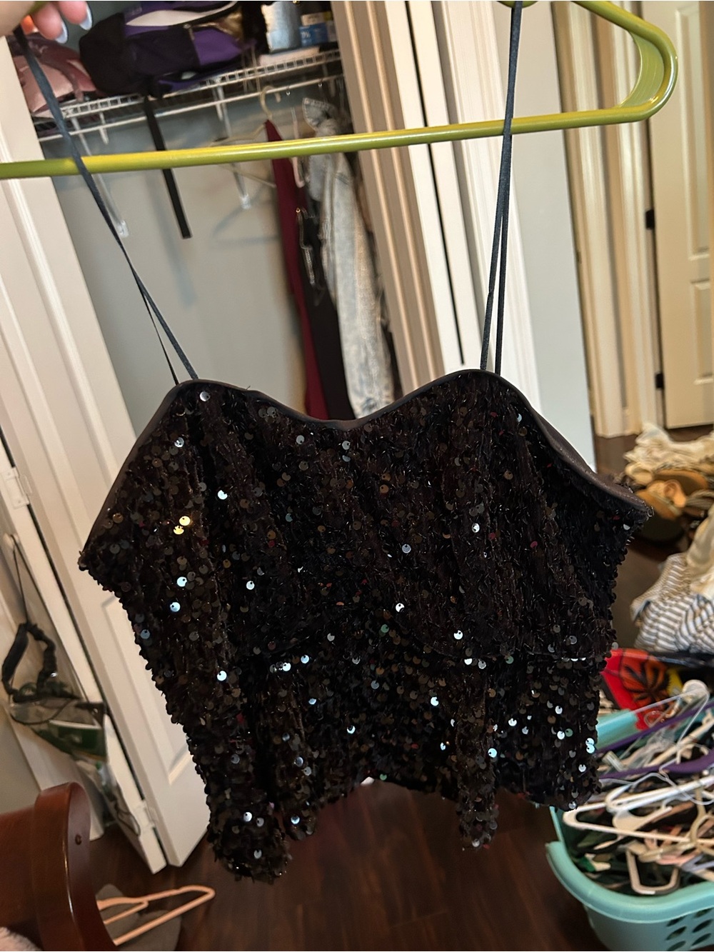 Black Sequin Spaghetti Strap Crop Top